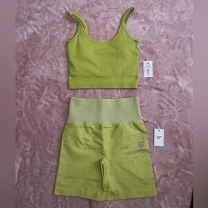 Cream Yoga Neon Lime Ribbed Crop Top & High-Waist Shorts Set